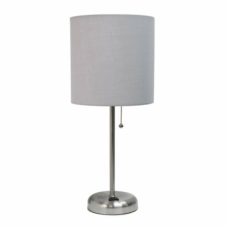 CREEKWOOD HOME Oslo 19.5in Contemporary Power Outlet Base Metal Table Lamp, Brushed Steel, Gray Drum Fabric Shade CWT-2009-GY